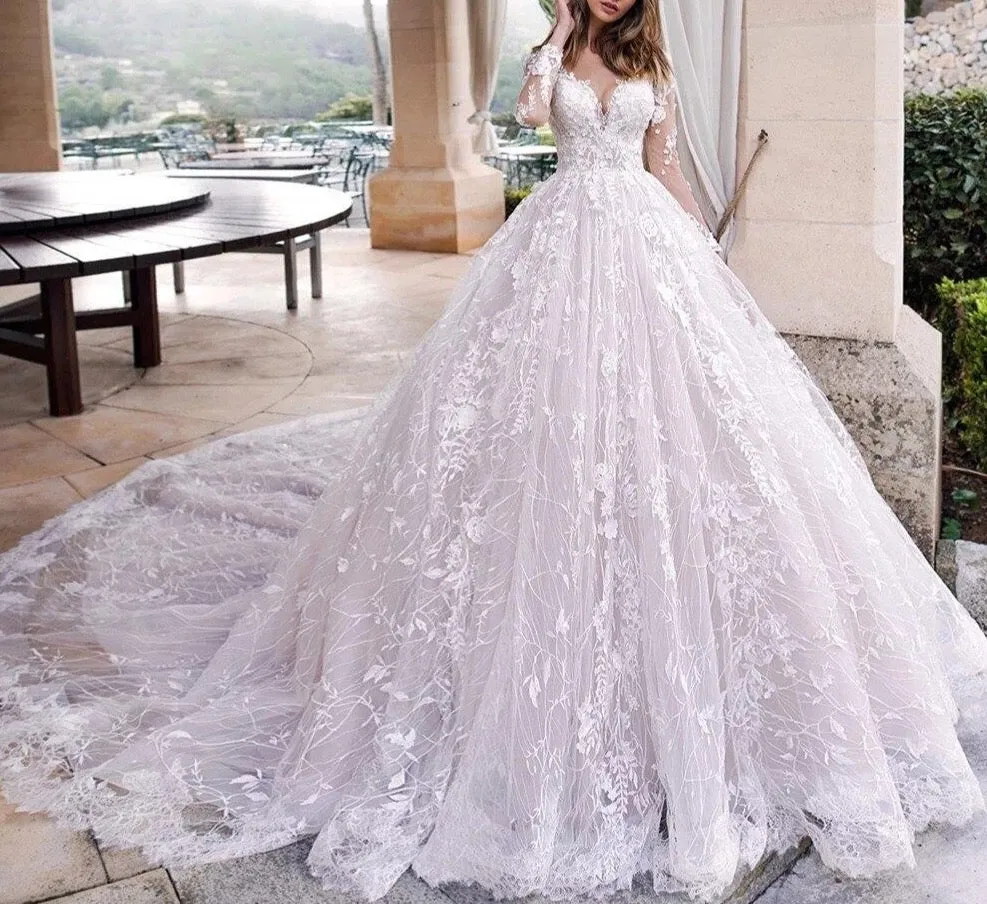 Long Sleeves Sexy Back Royal Train Bridal Dress