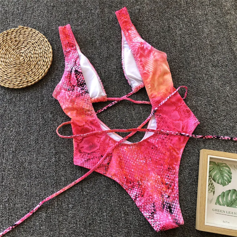 Red leopard swimsuit one piece Bandage sexy bikini Push up