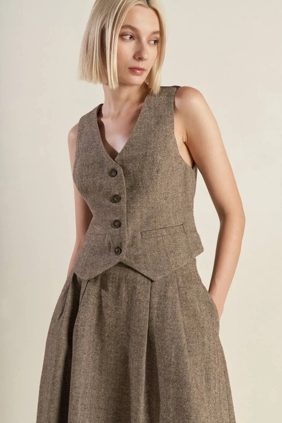 Tailored Woolen Herringbone Vest